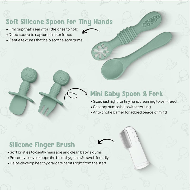 O'doe 11-Piece BPA-Free Silicone Baby Feeding Set | Thick & Soft Suction Plates, Baby Bowls, Wooden Fork & Spoon, and More | Make Mealtime Fun and Easy for Your Little One (Green, V1) - Image 4